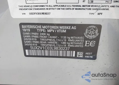 2020 BMW X4 xDrive30I z USA, uszkodzony, nr VIN 5UX2V1C03L9B30237